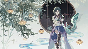 Xiao from Genshin Impact Playing Flute in a Serene Bamboo Garden HD wallpaper