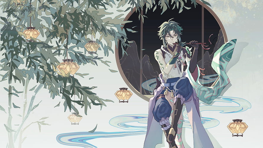 Xiao from Genshin Impact Playing Flute in a Serene Bamboo Garden HD wallpaper