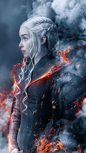Daenerys Targaryen in Dark Armor with Flames and Smoke from Game of Thrones HD phone wallpaper