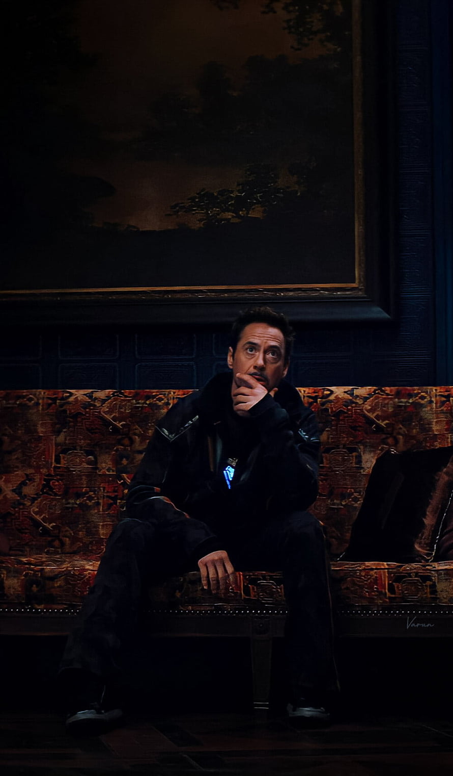 Tony Stark in a dimly lit room with an ornate tapestry and a large landscape painting HD phone wallpaper