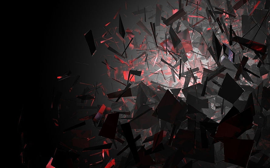 Abstract Dark Shattered Glass Explosion with Red Glowing Fragments HD wallpaper