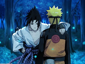 Naruto Shippuden Sasuke and Naruto Walking Through a Misty Forest at Night HD wallpaper