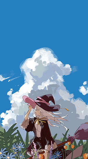 Elaina from Majo no Tabitabi in a witch hat gazing at a giant cloud in a sunny meadow HD phone wallpaper