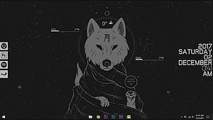 Monochrome Wolf Illustration with Japanese Kanji on Dark Starry Background HD wallpaper