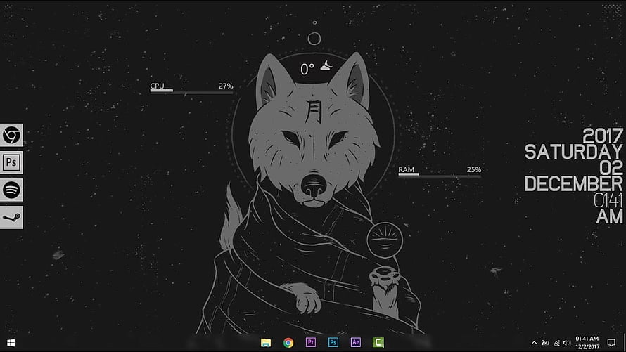 Monochrome Wolf Illustration with Japanese Kanji on Dark Starry Background HD wallpaper