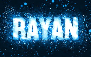 Rayan Name in Glowing Blue Neon with Electric Sparks and Particle Effects HD wallpaper