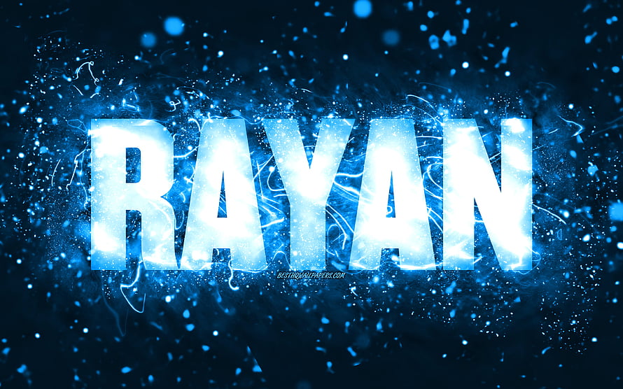Rayan Name in Glowing Blue Neon with Electric Sparks and Particle Effects HD wallpaper