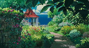Studio Ghibli Garden Scenery with Red-Roofed Cottage and Lush Flowers HD wallpaper