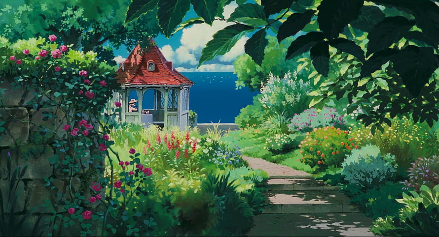 Studio Ghibli Garden Scenery with Red-Roofed Cottage and Lush Flowers HD wallpaper