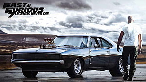Fast and Furious 7 Legends Never Die promotional poster featuring a classic muscle car and character HD wallpaper