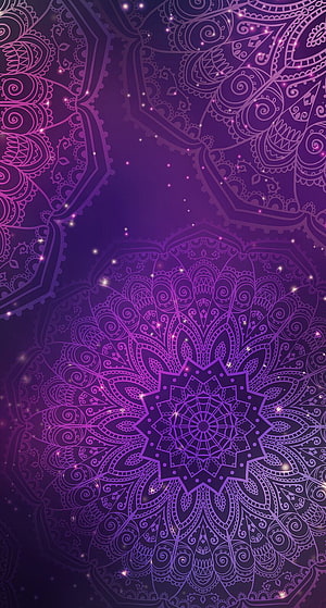 Intricate Purple Mandala Pattern with Glowing Sparkles and Paisley Motifs HD phone wallpaper