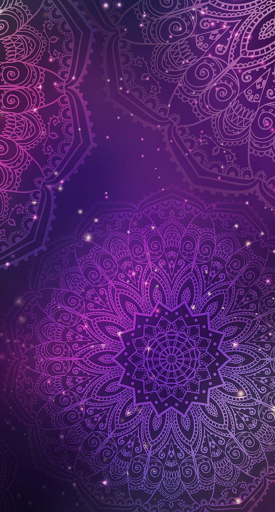Intricate Purple Mandala Pattern with Glowing Sparkles and Paisley Motifs HD phone wallpaper