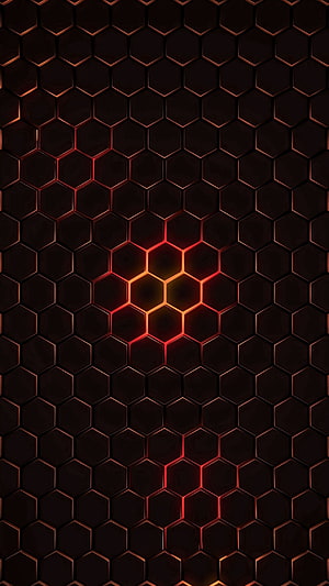 Dark Hexagonal Grid with Central Red and Orange Glow Pattern HD phone wallpaper
