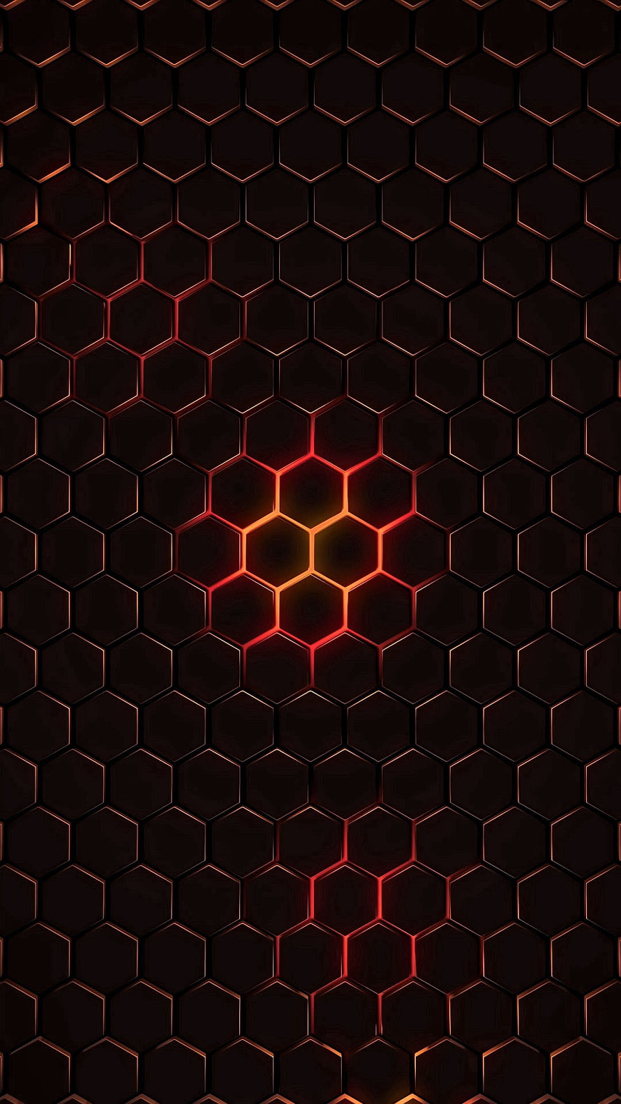 Dark Hexagonal Grid with Central Red and Orange Glow Pattern HD phone wallpaper