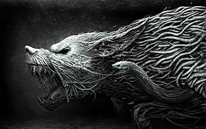 Monochromatic Viking Wolf Sculpture with Intricate Rope Texture and Dark Fantasy Style HD wallpaper