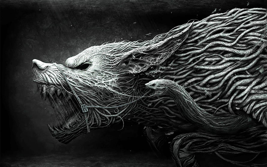 Monochromatic Viking Wolf Sculpture with Intricate Rope Texture and Dark Fantasy Style HD wallpaper