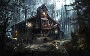 Eerie Victorian Manor in Misty Forest with Vintage Car and Glowing Windows HD wallpaper
