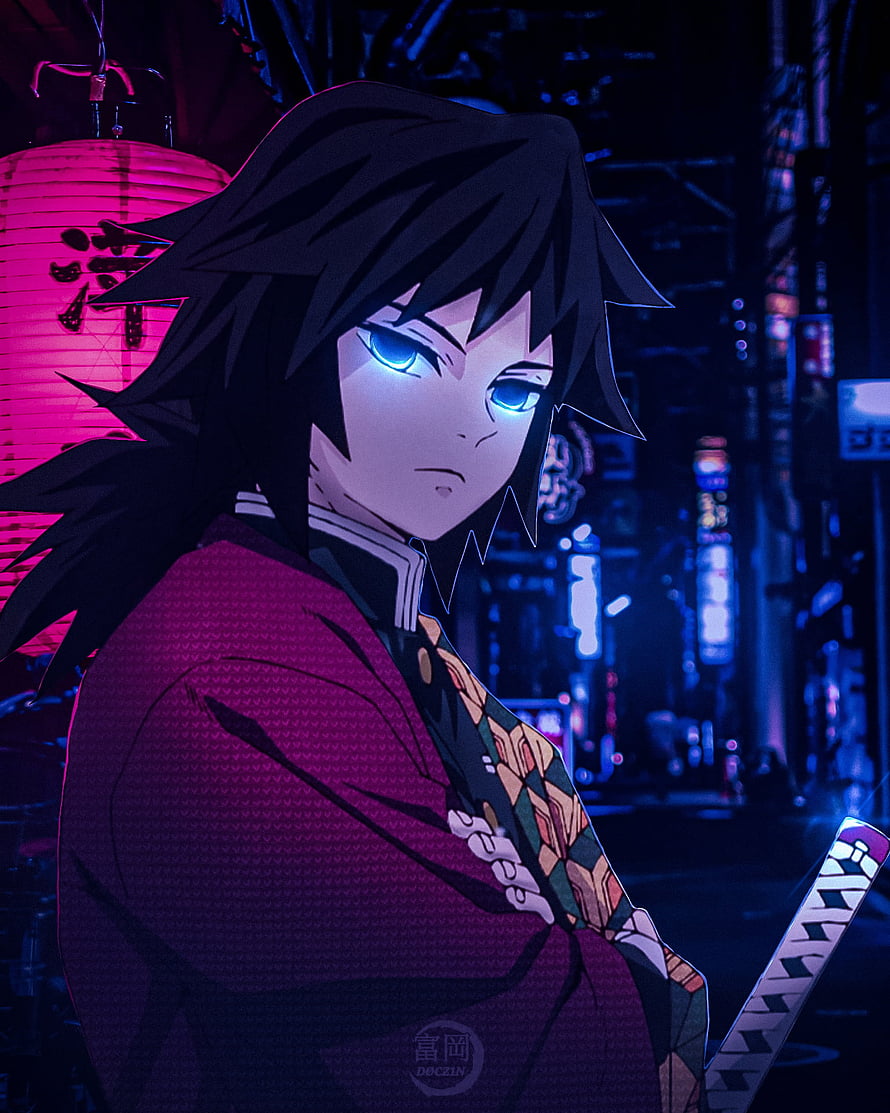 Giyu Tomioka from Demon Slayer in a Neon-Lit Cyberpunk Street Scene HD phone wallpaper