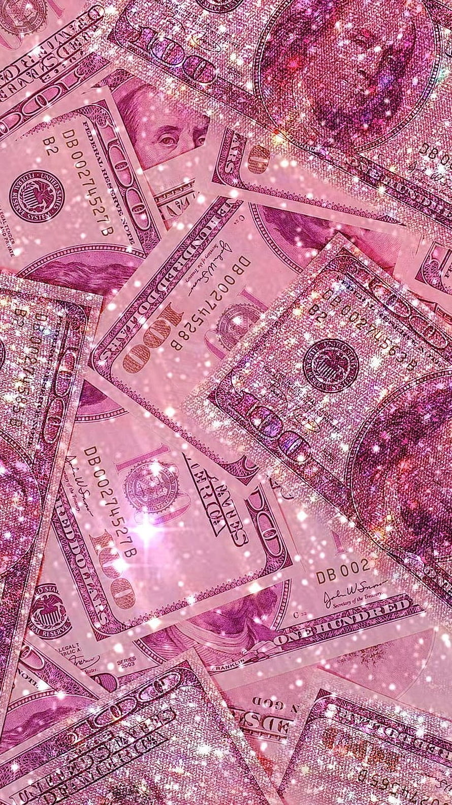 Sparkling Pink Glitter Overlay on Scattered One Hundred Dollar Bills HD phone wallpaper
