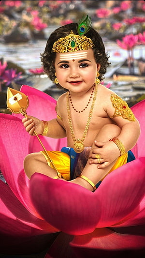Baby Lord Murugan Sitting on Pink Lotus with Peacock Feather Crown and Golden Jewelry HD phone wallpaper