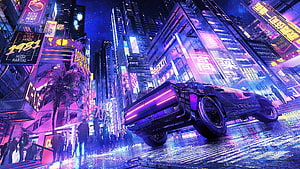 Neon-lit Cyberpunk Cityscape with Futuristic Car on Rainy Street at Night HD wallpaper