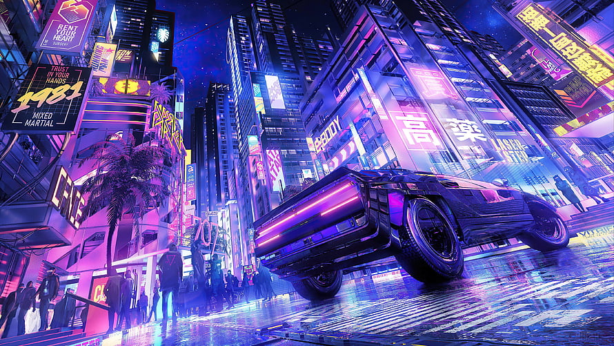 Neon-lit Cyberpunk Cityscape with Futuristic Car on Rainy Street at Night HD wallpaper