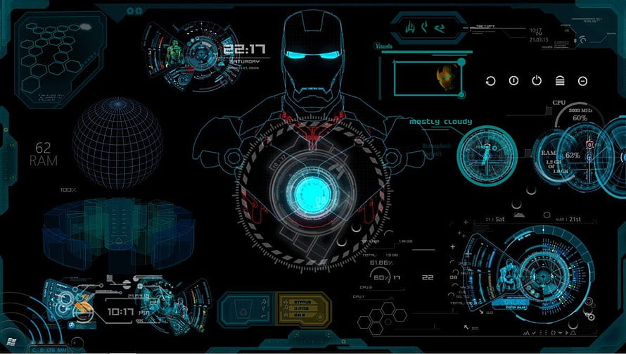Iron Man JARVIS Futuristic Holographic Interface Dashboard with Glowing Arc Reactor and System Data HD wallpaper