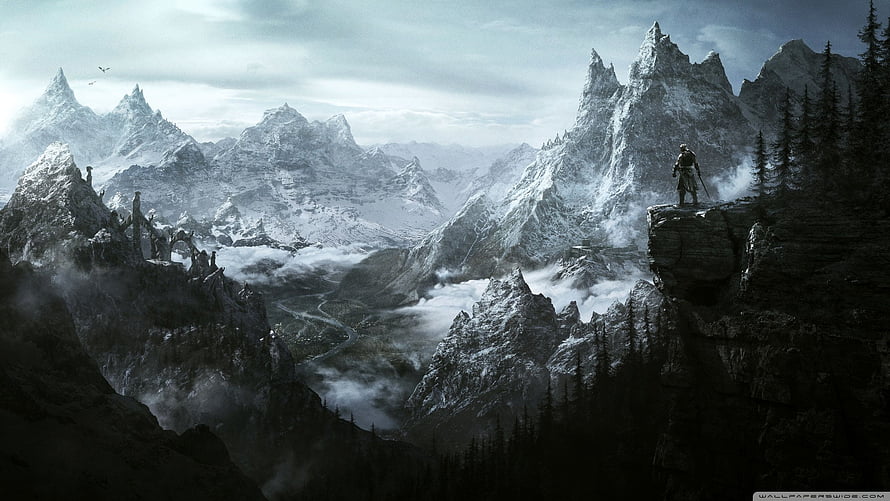 The Elder Scrolls V Skyrim Key Art: Lone Warrior on Snowy Mountain Cliffs HD wallpaper