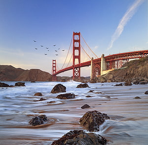 Golden Gate Bridge at Dusk with Rocky Shoreline and Seagulls in Flight HD wallpaper