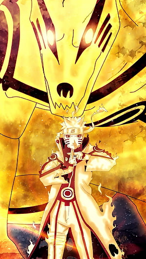 Naruto Uzumaki in Kurama Mode with Nine-Tails Chakra Aura HD phone wallpaper