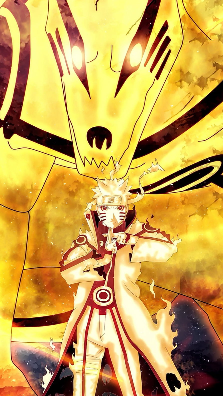 Naruto Uzumaki in Kurama Mode with Nine-Tails Chakra Aura HD phone wallpaper