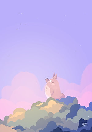 Totoro Sitting on Clouds Under a Starry Lavender Sky in a Soft Pastel Illustration HD phone wallpaper
