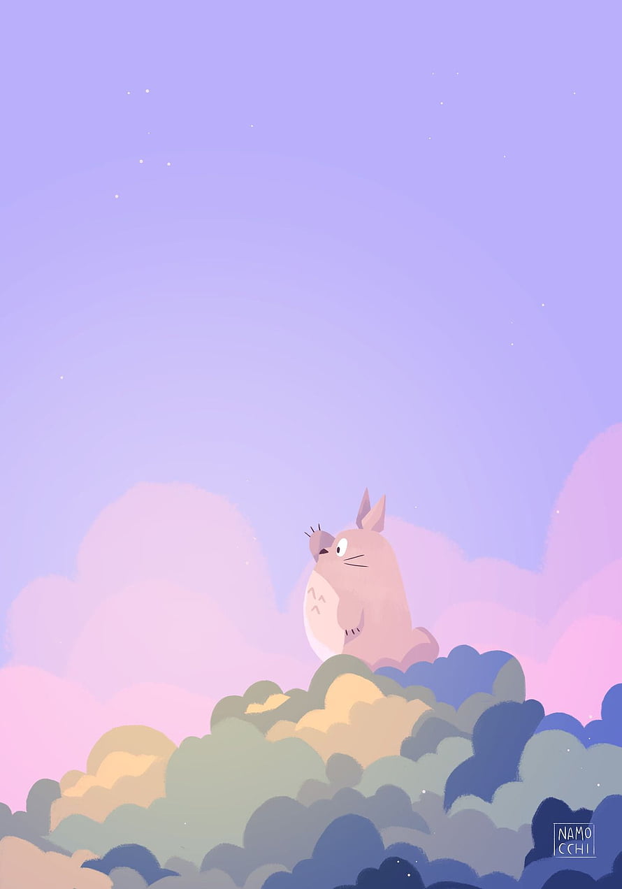 Totoro Sitting on Clouds Under a Starry Lavender Sky in a Soft Pastel Illustration HD phone wallpaper