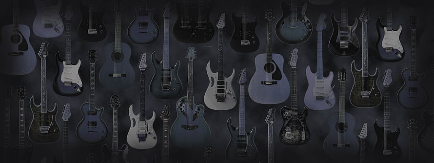 Dark Wall Display of Electric and Acoustic Guitars in Monochrome Tones HD wallpaper