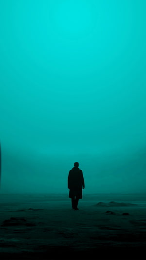 Blade Runner 2049 Lone Figure Walking Through Teal Fog on a Dark Beach HD phone wallpaper