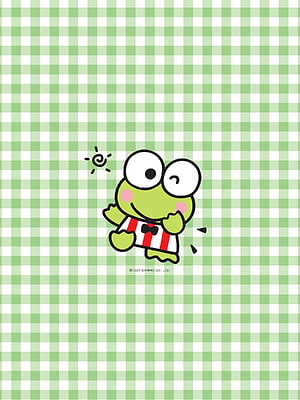 Keroppi in Red Striped Outfit on Green Checkered Background HD phone wallpaper