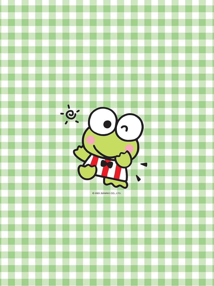 Keroppi in Red Striped Outfit on Green Checkered Background HD phone wallpaper