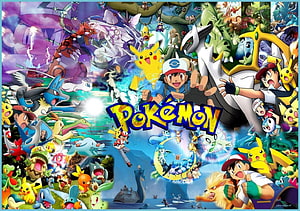 Pokemon Anime Collage Featuring Ash, Pikachu, and Legendary Pokemon in Vibrant Action Scenes HD wallpaper