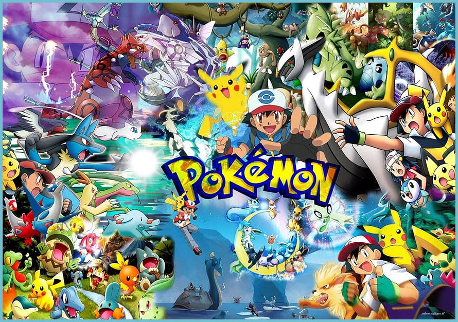 Pokemon Anime Collage Featuring Ash, Pikachu, and Legendary Pokemon in Vibrant Action Scenes HD wallpaper