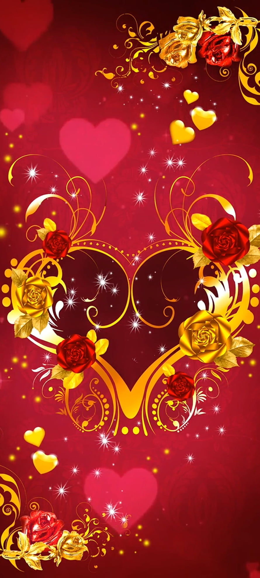Valentine's Day Heart Framed by Red and Gold Roses with Sparkling Accents HD phone wallpaper