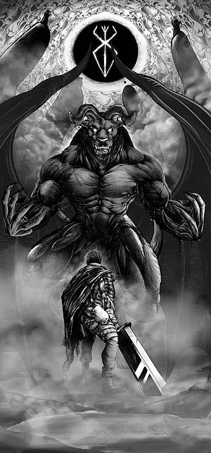 Guts Confronting Zodd in a Dramatic Black and White Berserk Manga Illustration HD phone wallpaper
