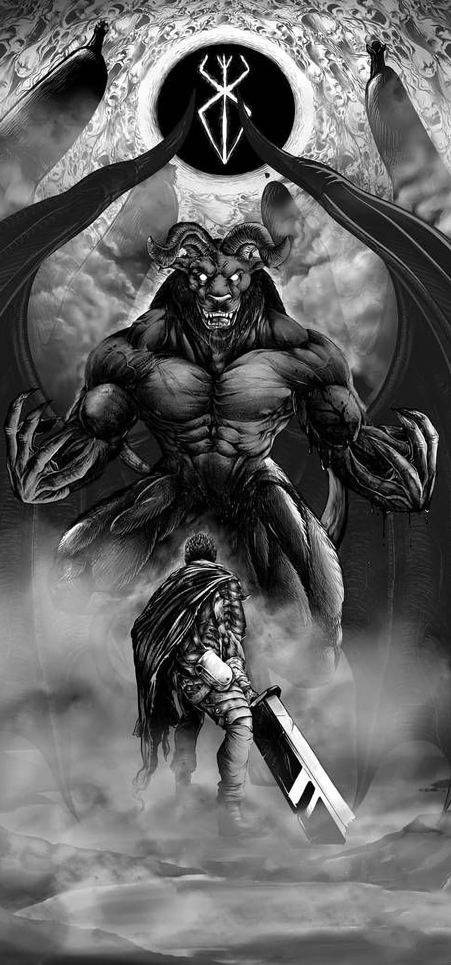 Guts Confronting Zodd in a Dramatic Black and White Berserk Manga Illustration HD phone wallpaper