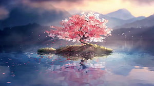 Solitary Japanese Sakura Tree on a Misty Lake Island at Dawn HD wallpaper