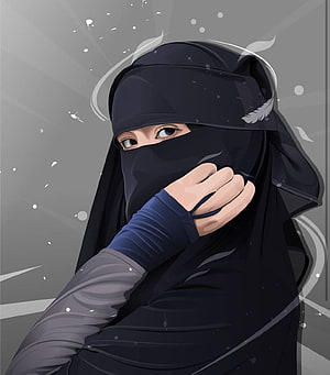 Digital Illustration of a Woman in a Black Niqab with a Hand Covering Her Mouth HD phone wallpaper