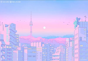 Retro 90s Anime Cityscape with Seoul Tower and Pastel Skyline HD wallpaper