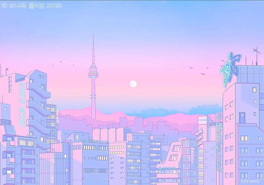 Retro 90s Anime Cityscape with Seoul Tower and Pastel Skyline HD wallpaper