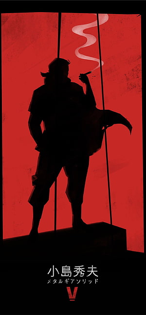 Metal Gear Solid V Silhouette Poster with Hideo Kojima Name and Red Background HD phone wallpaper
