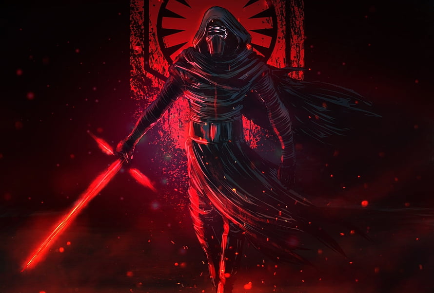 Kylo Ren Wielding Red Crossguard Lightsaber in Dark Star Wars Artwork HD wallpaper