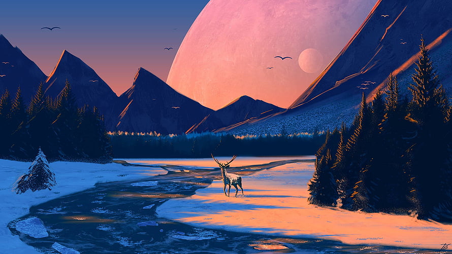 Stylized Fantasy Landscape with Giant Planet, Snowy Mountains, and a Stag in a Frozen Valley HD wallpaper