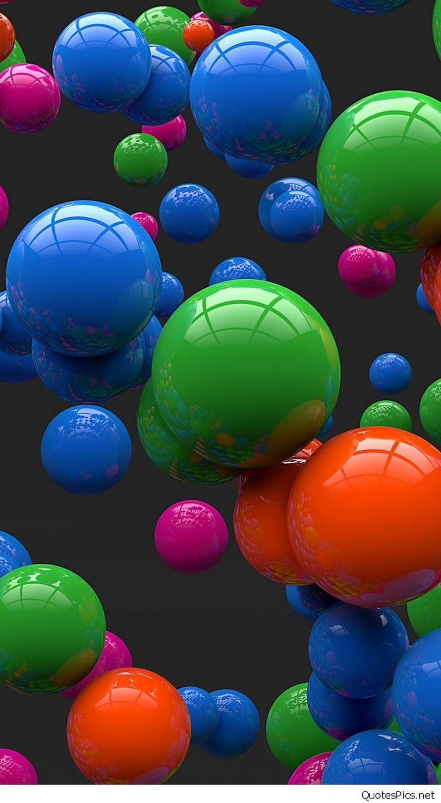 Vibrant 3D Glossy Spheres in Blue Green Orange and Pink Floating on Dark Background HD phone wallpaper